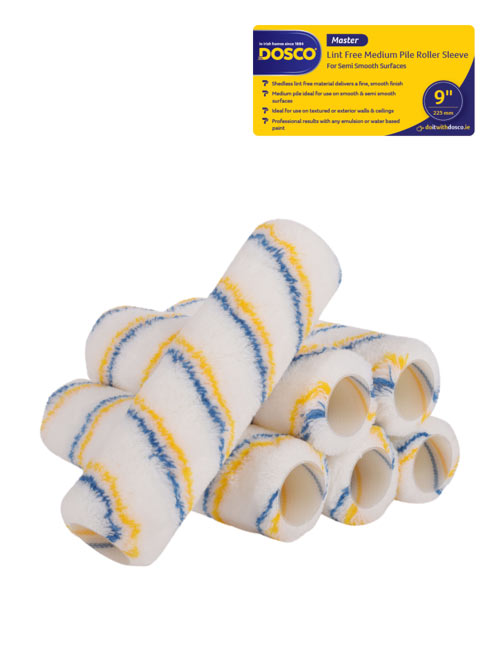 6 white Dosco Master Lint-Free medium pile paint roller sleeves with blue & yellow stripes